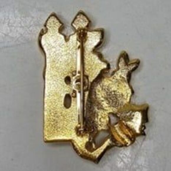Gold Tone Rabbit & Floral Enamel Fence Brooch Pin 2"Lx1.5"W - Picture 2 of 4